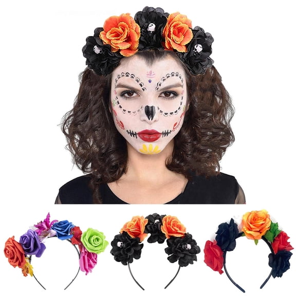 Hkoxplj Floral Headband Rose Crown Headpiece Mexican Day of the Dead Headband Halloween Party Flower Crown Hair Accessory for Women Adult Ladies Sugar Skull Rose Hair Hoop Orange Black Red