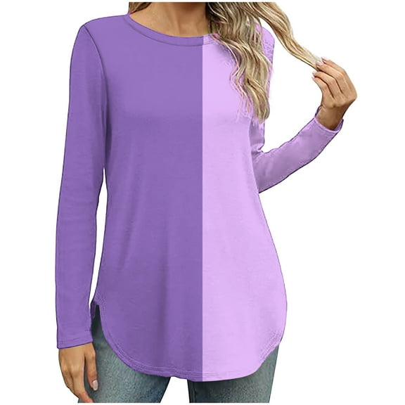 ChaoHeng Womens Tops Long Sleeve T-Shirt Color Block Casual Blouse for 2024 Fall/Winter Fashion Trendy(Purple,S)