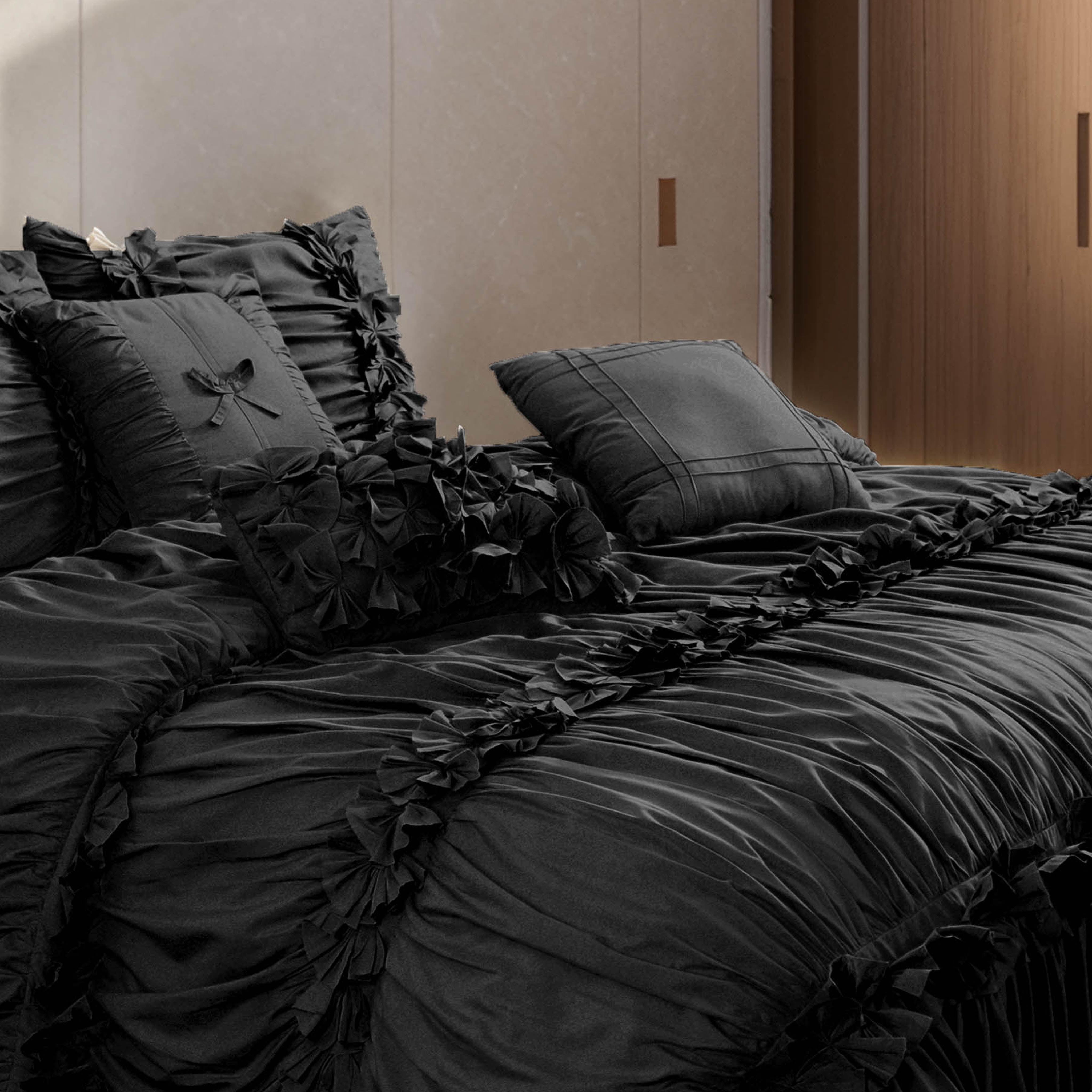 EvJk 7 Piece Ruched Pleat Comforter Set, Black Romantic Bed in a Bag, King