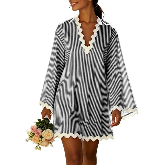 Ohufall Mini Dress for Women Wavy-hem Striped Long Sleeve Dress V Neck Lightweight Summer Casual Dresses