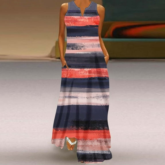 Wycnly Summer Dresses for Women Summer Dresses for Women 2025 Beach Boho Loose Tank Long Dresses with Pocket Womens Fashion Striped Print V-Neck Sleeveless Maxi Dresses
