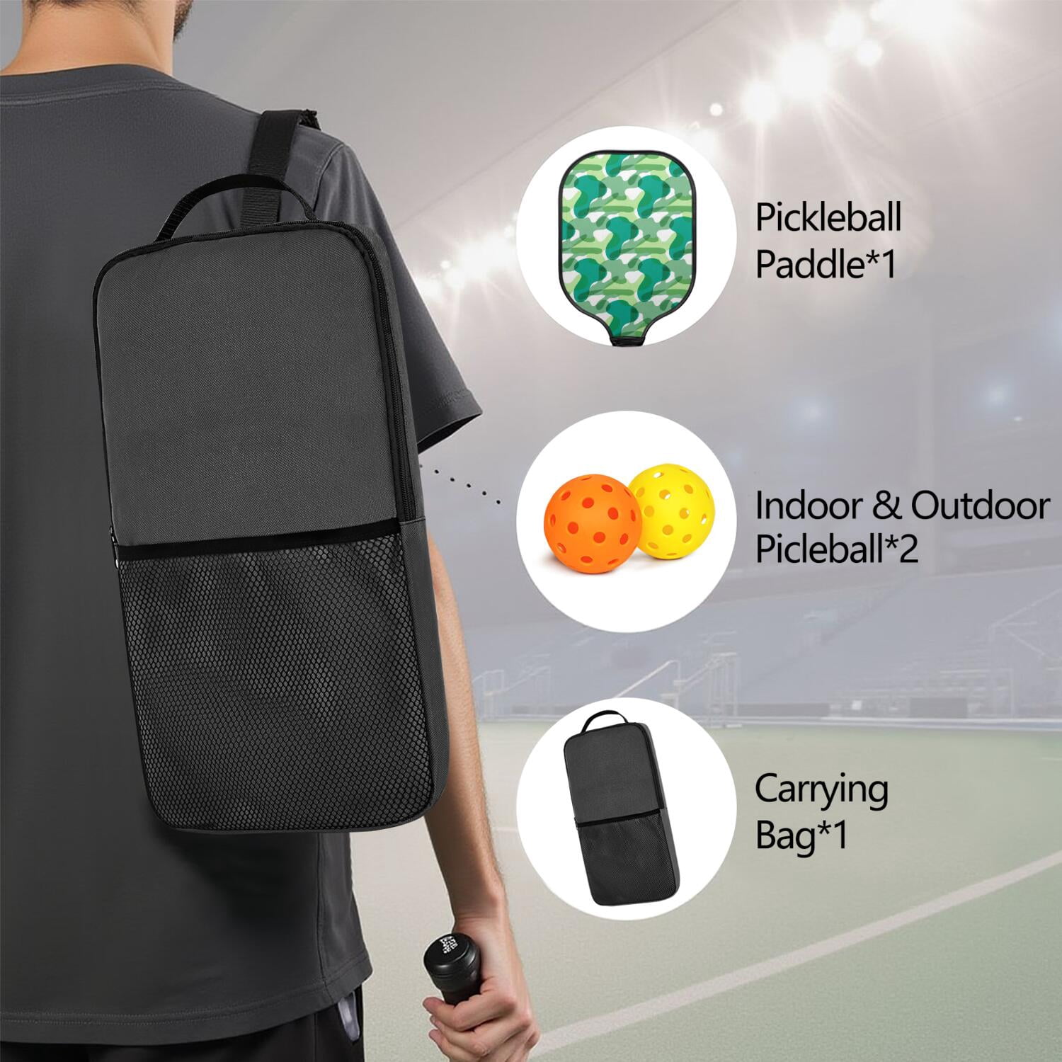 Pickleball Paddles Set Of 1, Fiberglass Surface, Camouflage Print, 1 Paddle, 2 Balls & Bag