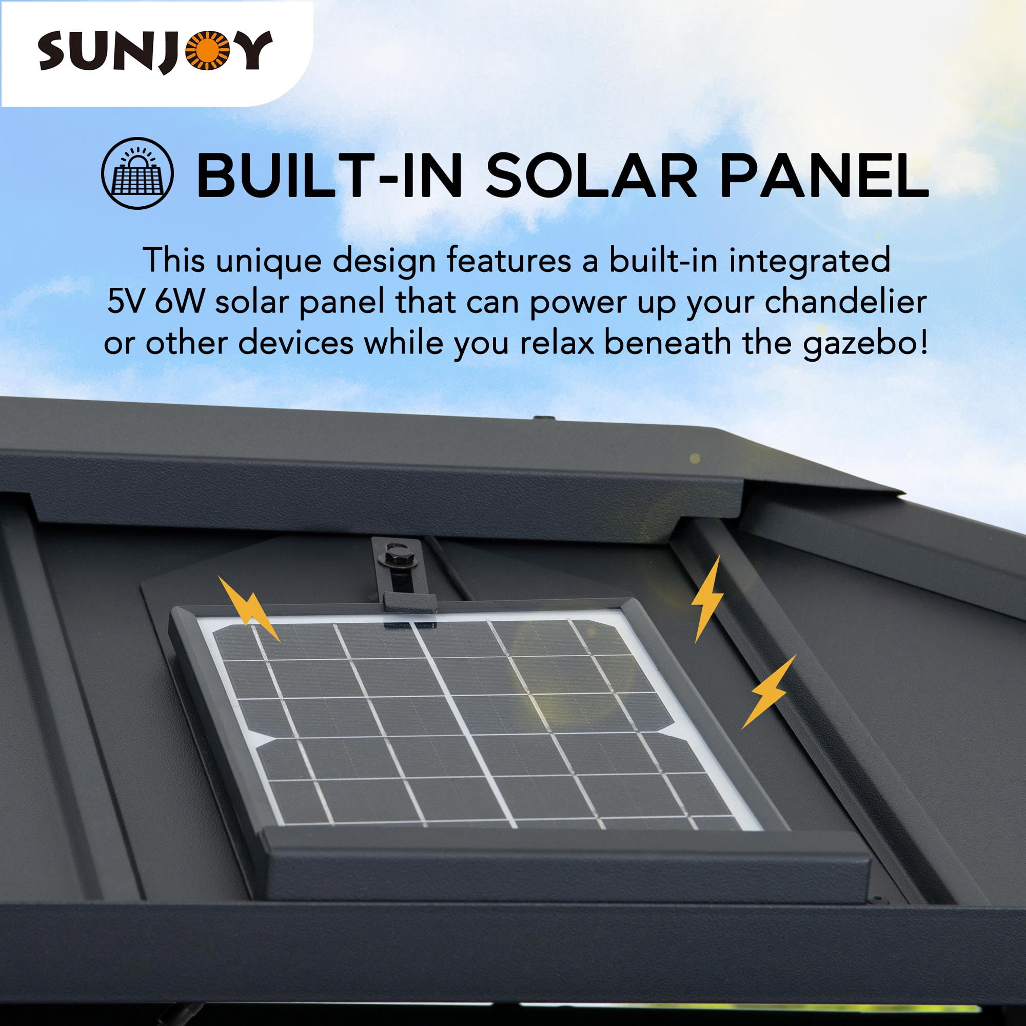 Sunjoy Hardtop Gazebo 10 x 12 ft. with Solar Panel Outdoor Patio Aluminum Frame Gazebo , 2-Tier Steel Hardtop Backyard Gazebo with Netting and Ceiling Hook, Black