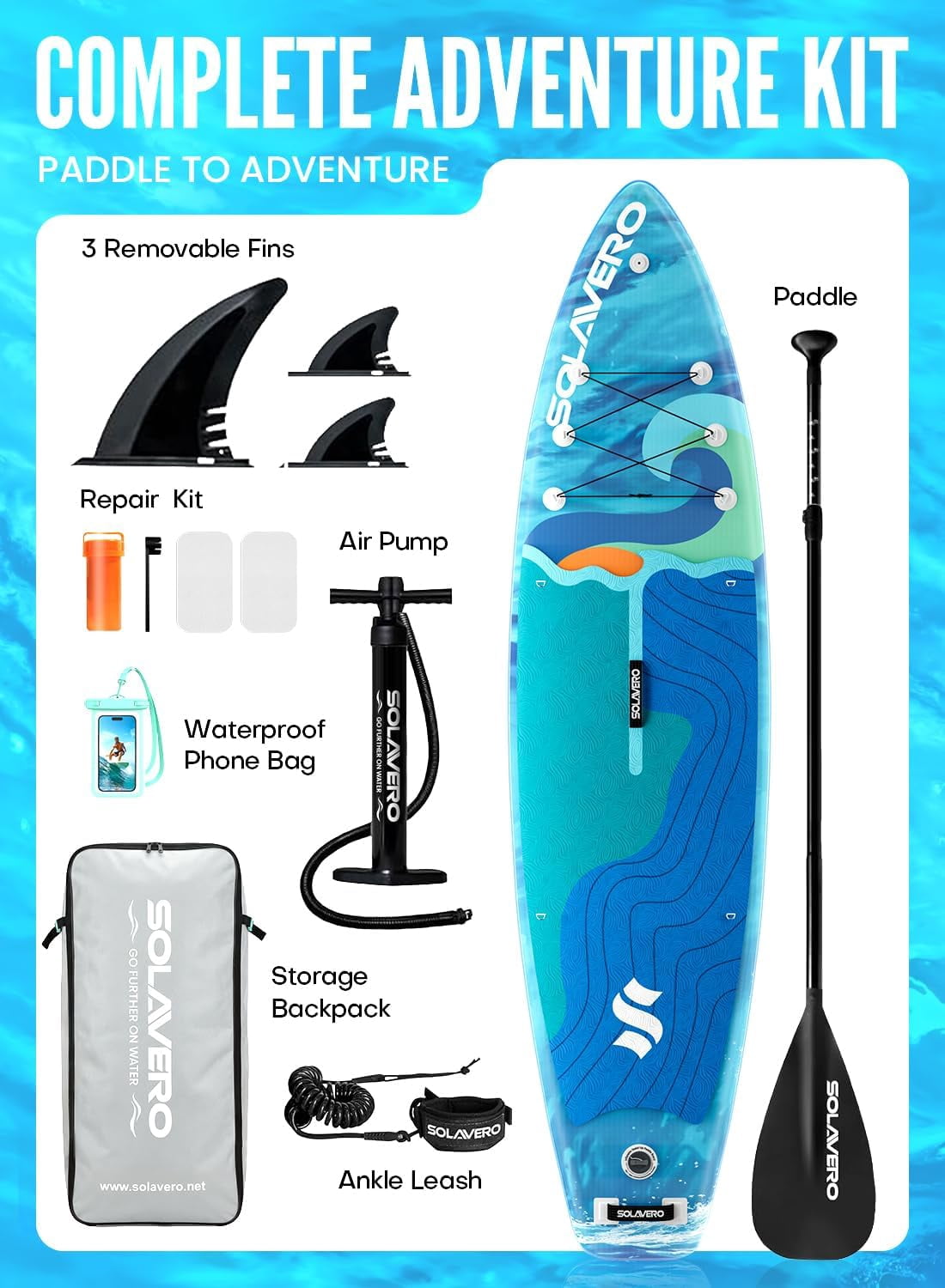 SOLAVERO Inflatable Stand Up Paddle Board with SUP Accessories, Anti-Slip EVA Deck, 11'×33" Blow Up Paddle Board Adults & Youth