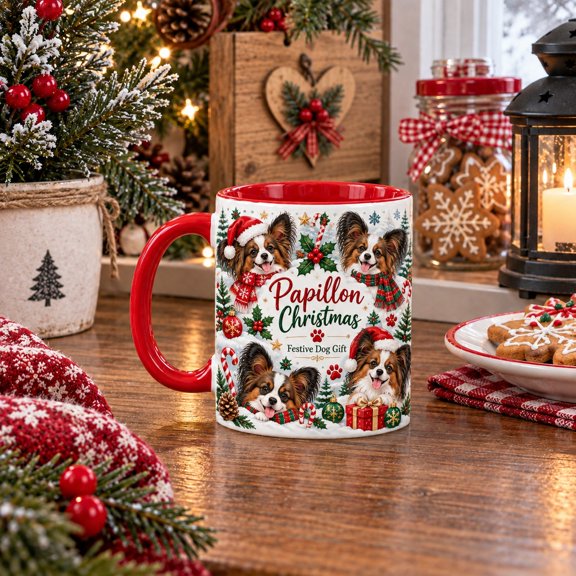 Ceramic Coffee Mug, Papillon Christmas Dog Design for Morning Drinks, Pet Lovers