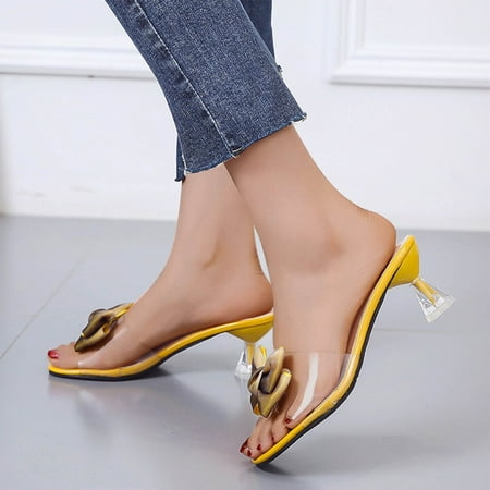 

NEGJ Fashion Spring And Summer Women Sandals Bow Glass Heel Middle Heel Transparent Belt
