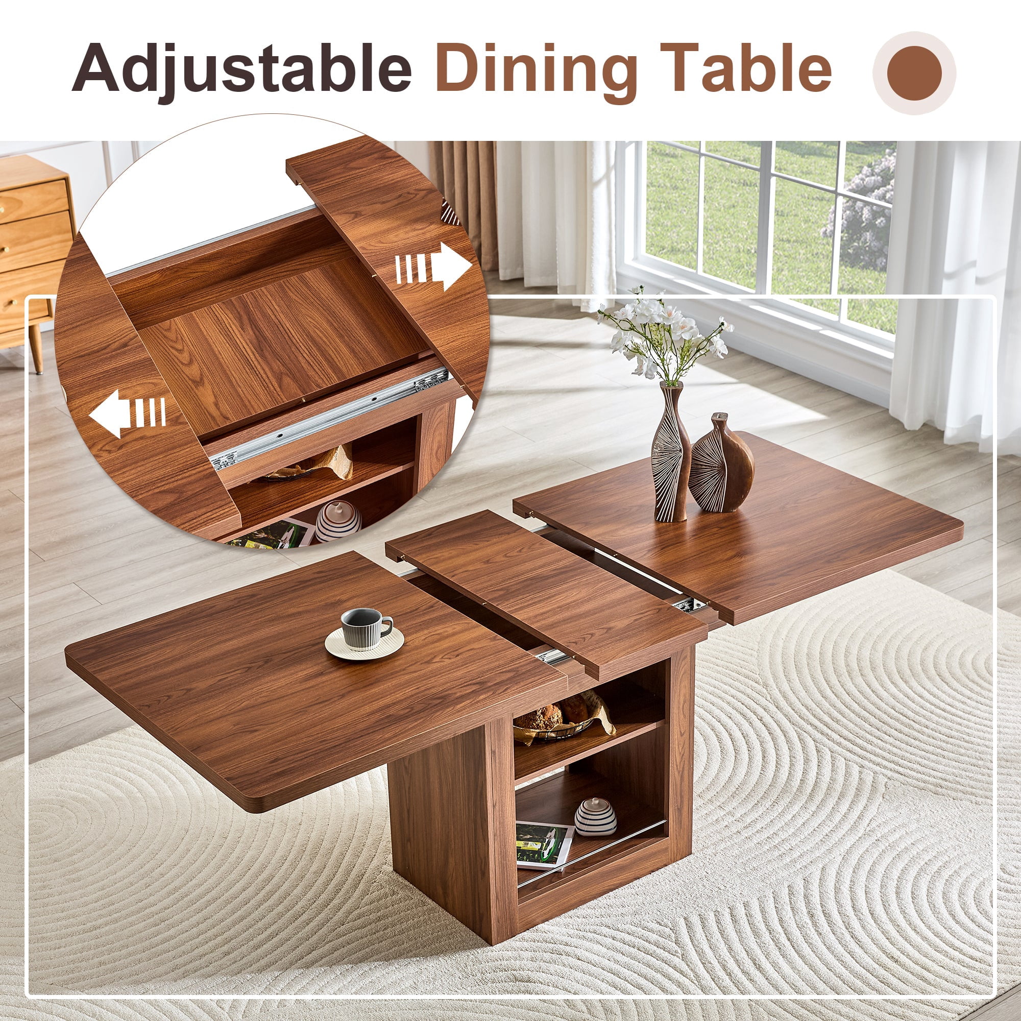 Sailvan Dining Set, 59-71 Inch Walnut MDF Table with Brown Tech-Fabric Curved Widened Cushion Chairs
