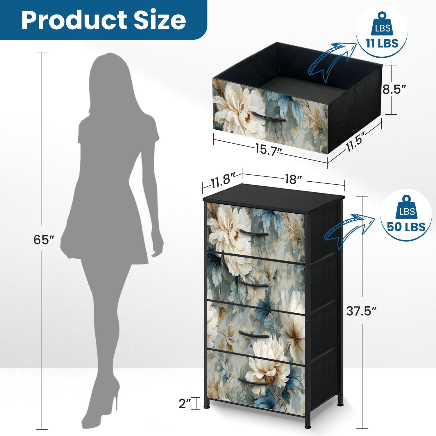 Vintage Dresser for Bedroom with 4 Storage Drawers Elegant Cream Peony Flowers Blue Beige Leaves Vintage Floral Dressers Chest of Drawers Steel Framed Fabric Closet Organizers for Nursery Entryway