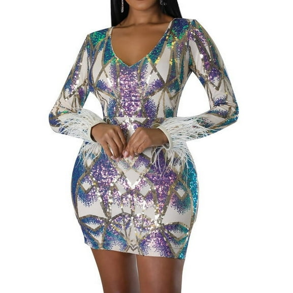 Formal Sequin Dress for Women Boho Sparkly Long Sleeve V Neck Dresses Feather Evening Party Wedding Guest Bodycon Dress White L