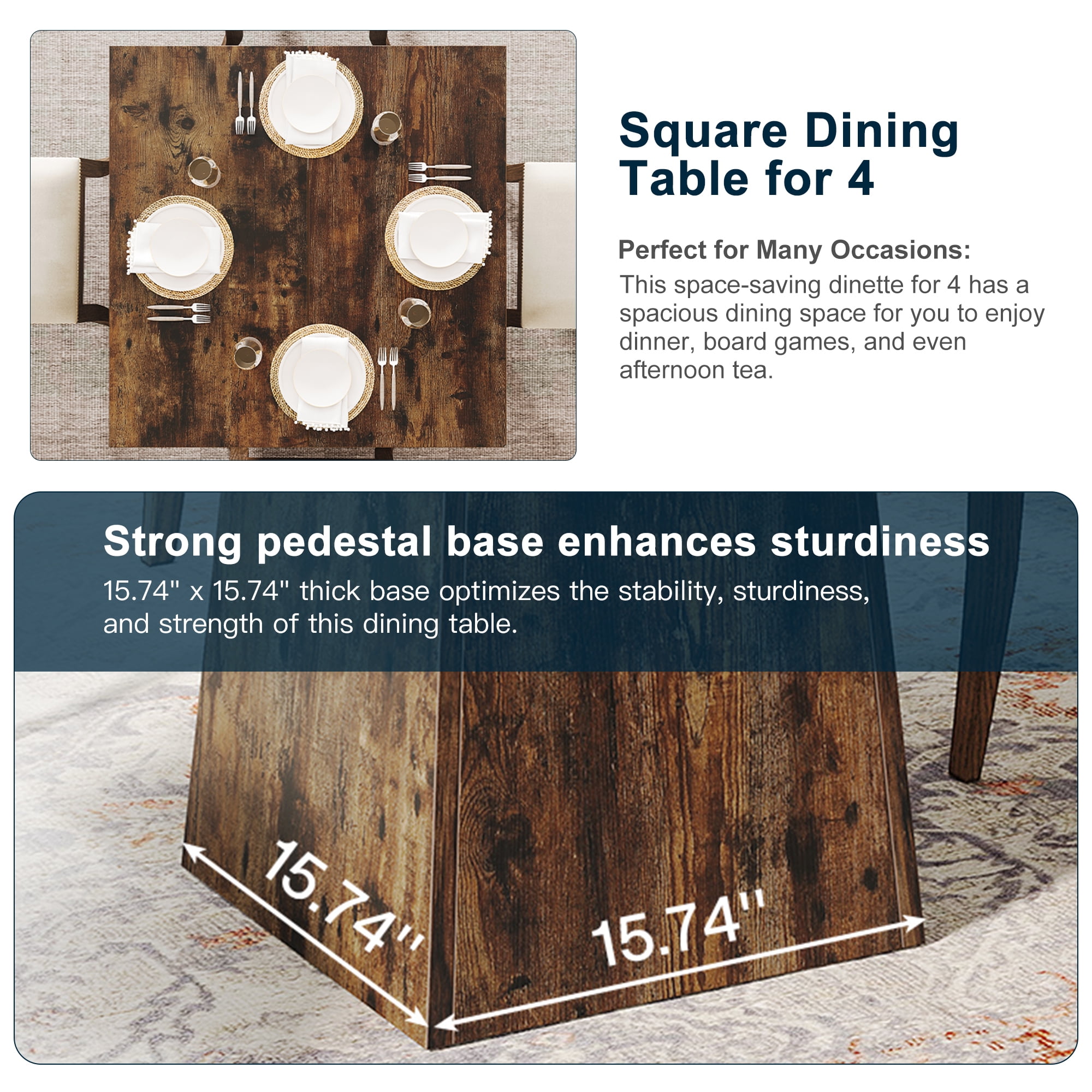 Demi Bonn 31" Modern Square Dining Table for 4 People, Wood Farmhouse Kitchen Dinner Table for Dining Room, Living Room Furniture, Rustic Brown