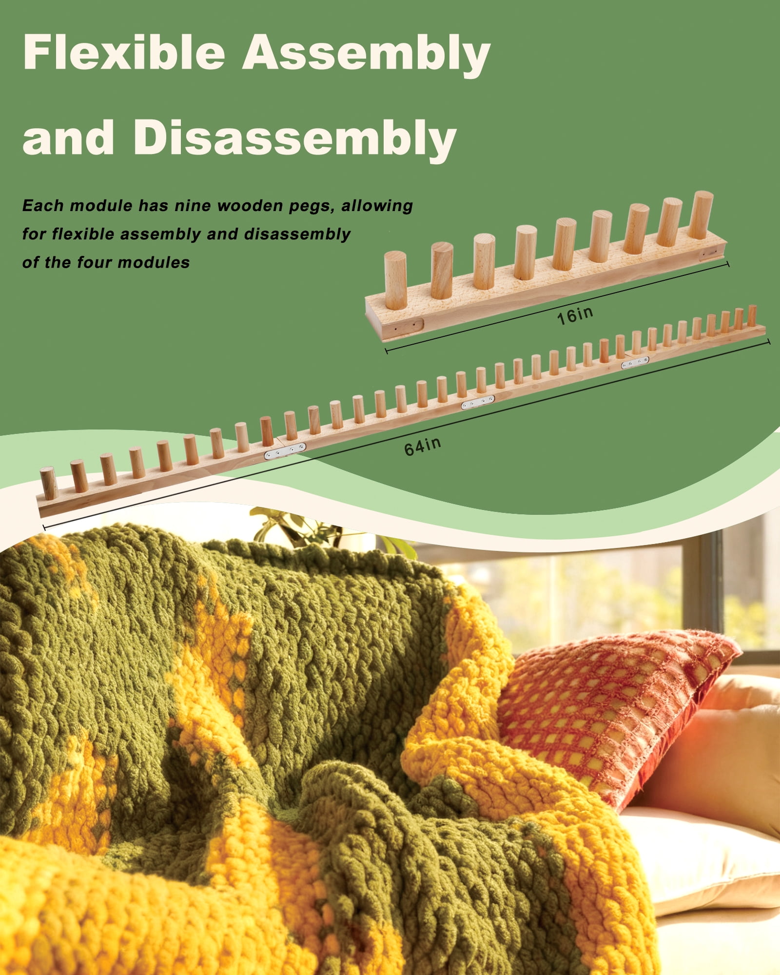 64" Chunky Knit Yarn Blanket Loom Kit, Connectable and Disassemblable 4-in-1 Chunky Yarn Knitting Loom, Chunky Blanket Wooden Loom for Beginners