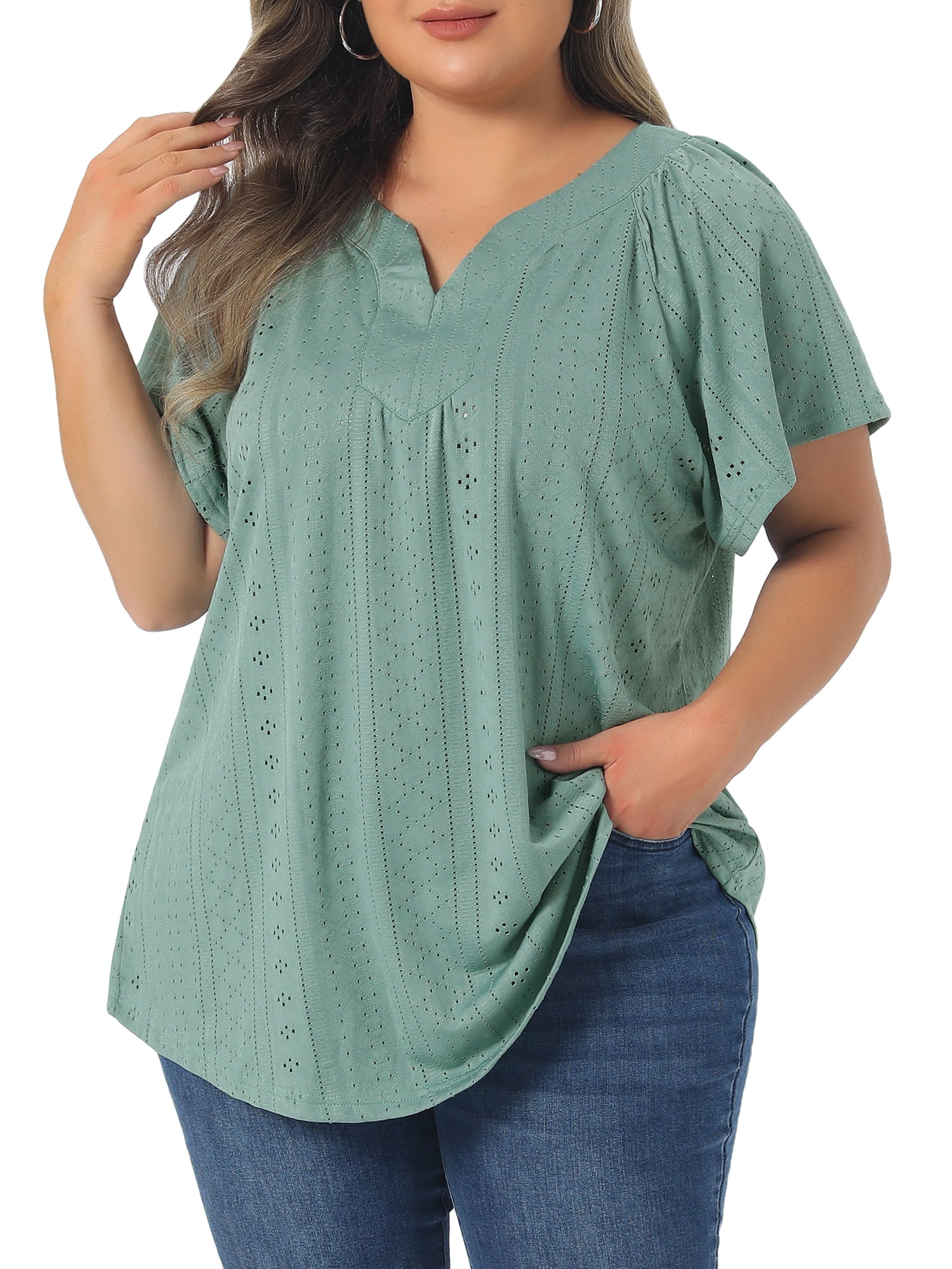 Women's Plus V Neck Short Sleeve Eyelet Embroidery Casual Blouse 2X Green
