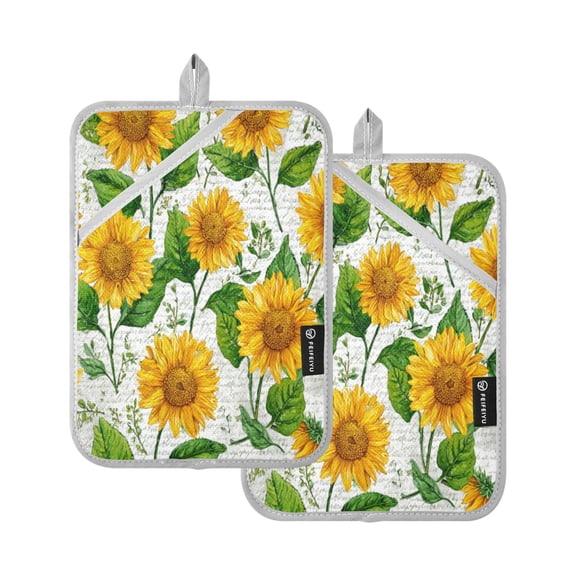 2Pack Heat-Resistant Quilted Cotton Potholders - Stylish Kitchen Grips for Hot Pots & Pans Ovens Bright Yellow Sunflowers