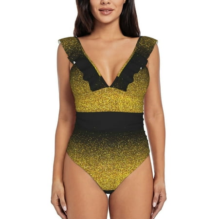 Qekee Gold Glitter Gradient Women s Ruffle One Piece Swimsuit  Frilly shoulder strap monokini for Beach Pool Surf - XX-Large