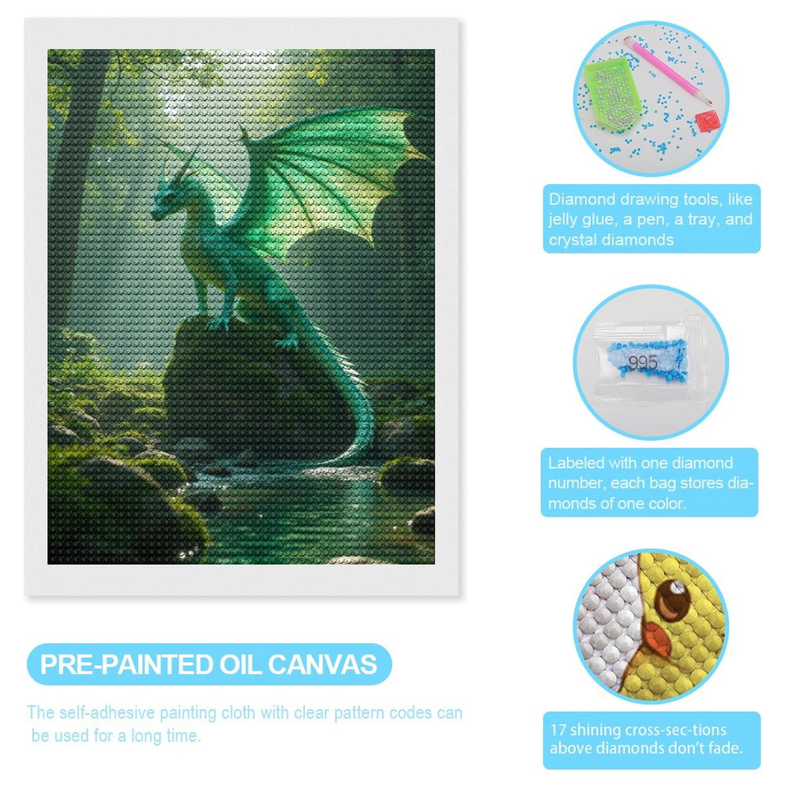 Diamond Art Kits for Adults, Green Dragon Forest Serenity 5D Diamond Painting Kits for Adults Beginners, DIY Full Drill Diamond Painting, Gem Art and Crafts 12x16
