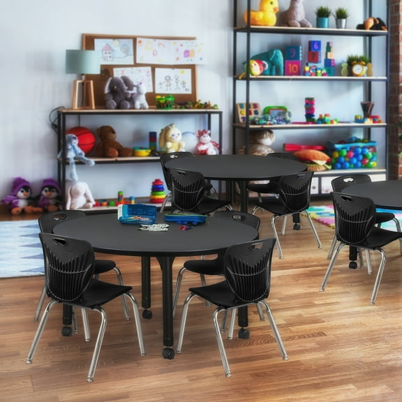 Regency Kee 48 in. Round Adjustable Classroom Table- Grey & 4 Andy 12 in. Stack Chairs- Black
