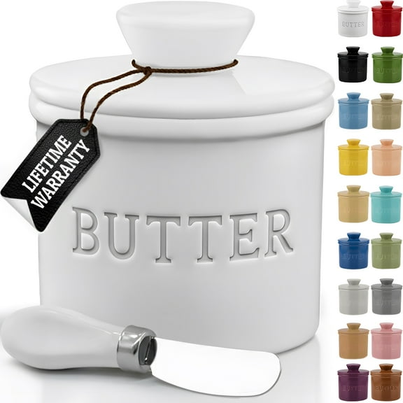 PriorityChef French Butter Crock for Counter With Water Line, Ceramic Butter Keeper, White