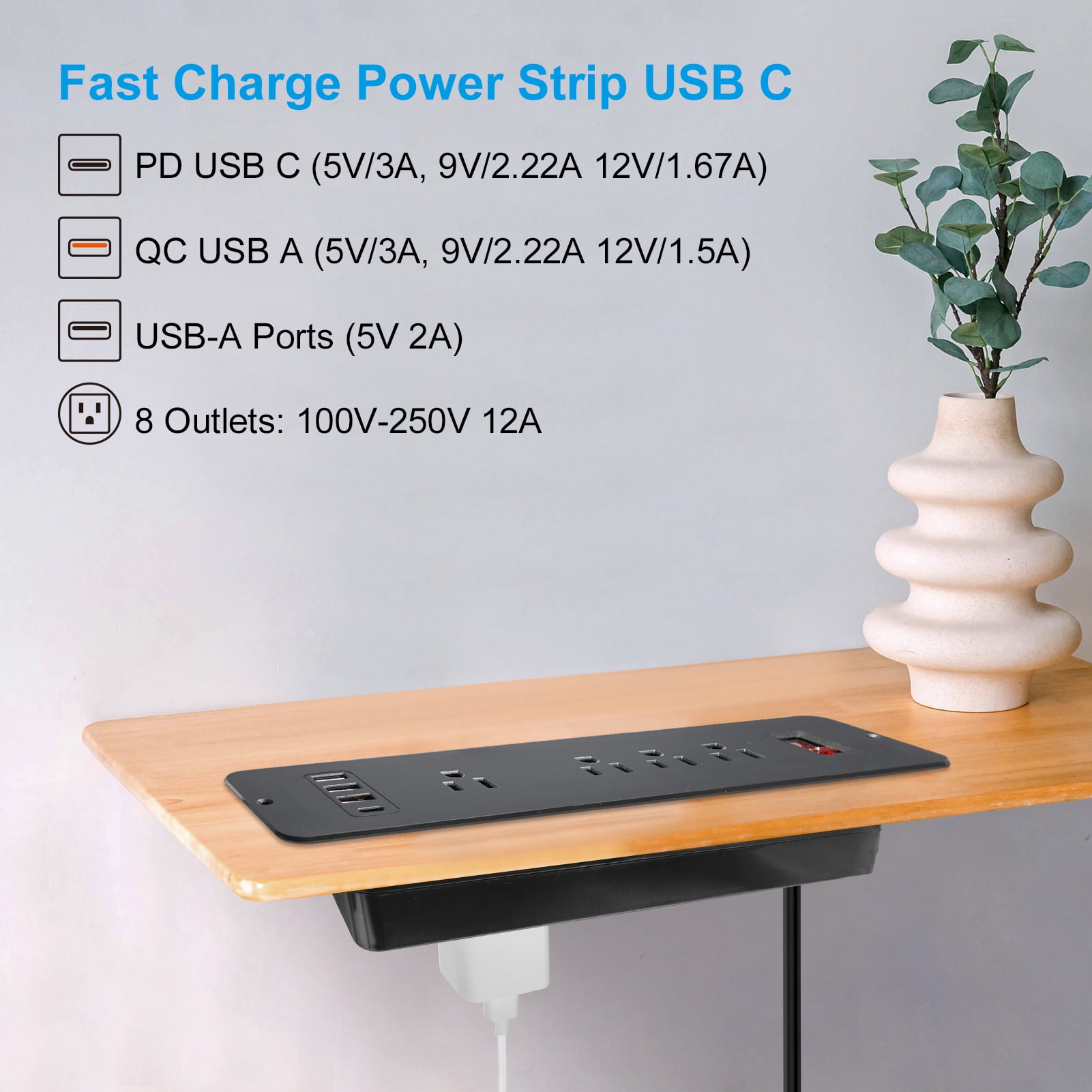 8 Outlets Double Side Recessed Power Strip with USB C PD 20W, Flush Mount Fast Charge Desktop Power Extender Built in Under Desk Multiple Power Outlets Flat Plug for Furniture Table Conference
