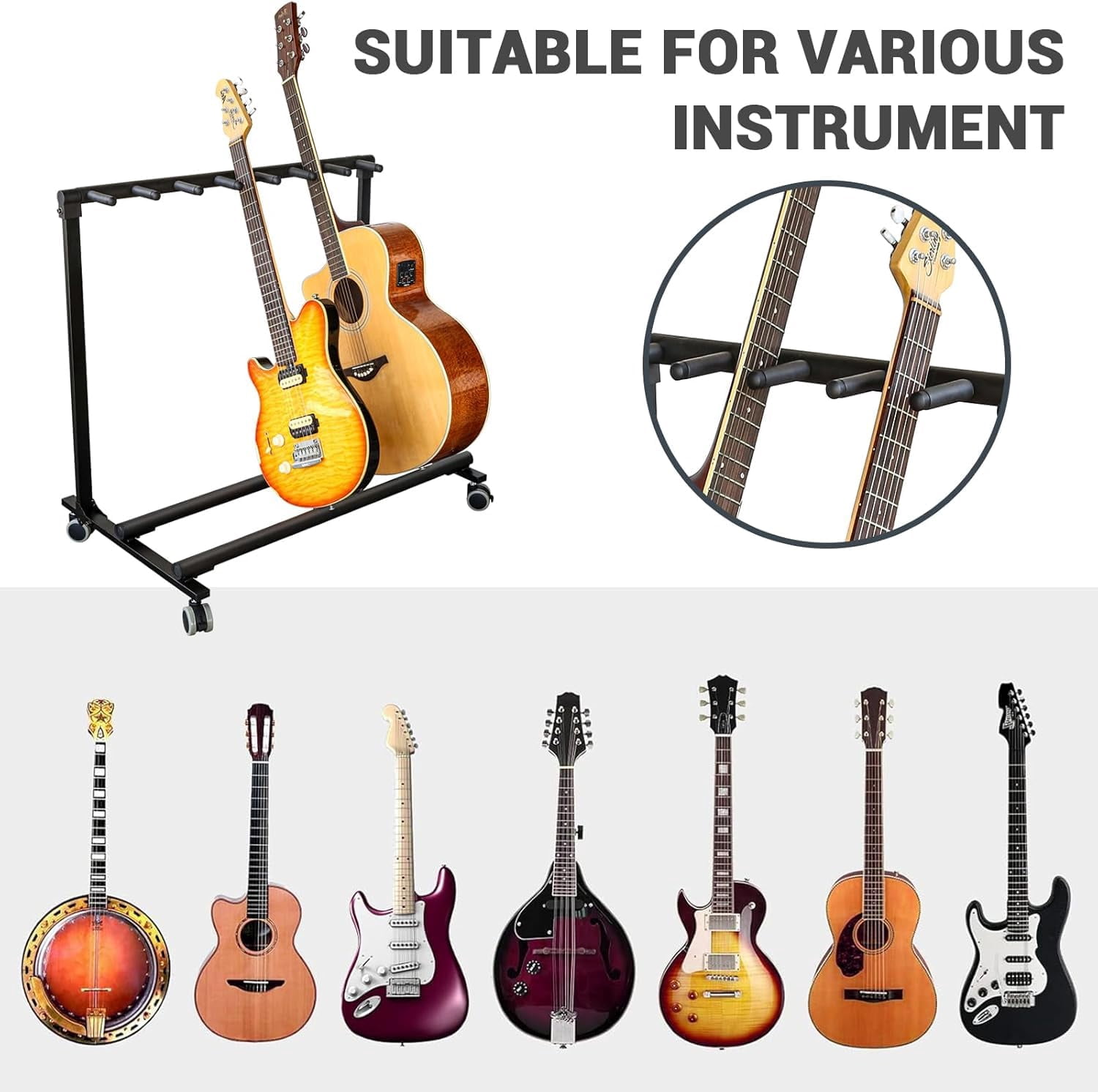Soonbuy Multi Guitar Stand Rack With Wheels, Foldable Guitar Stand Display Rack With No-Slip Rubber Padding, Storage Rack for Home Band Stage Bass Acoustic Electric Studio Use, Black