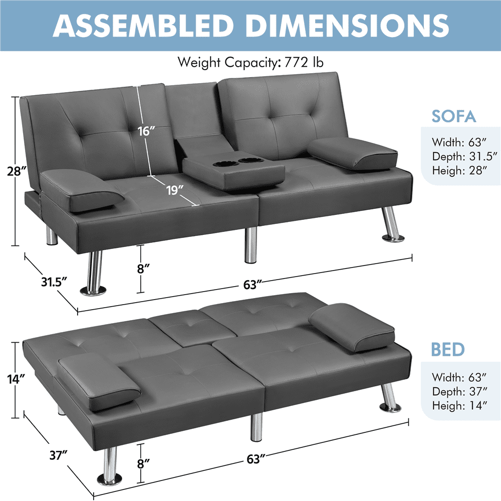 Renwick Modern Faux Leather Convertible Futon Sofa Bed with 2 Throw Pillows & Cup Holders, Gray