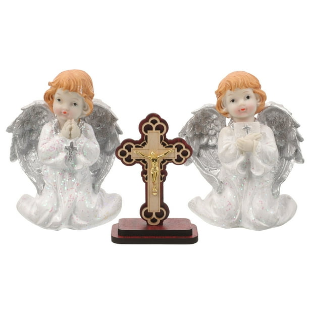 1 juego de estatuas de ángel de resina, estatuas de ángel, artesanías de resina y decoración de cruz de madera.