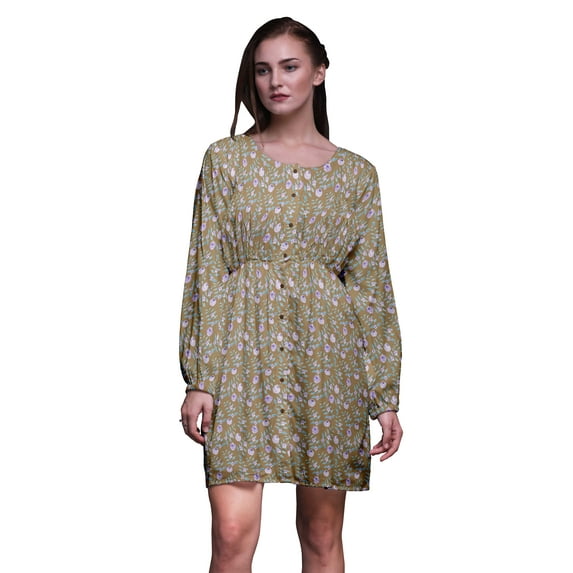 Bimba Brown Leaf Floral Women Tunic Top Long Sleeve Button Down Print Short Causal Dress-Small