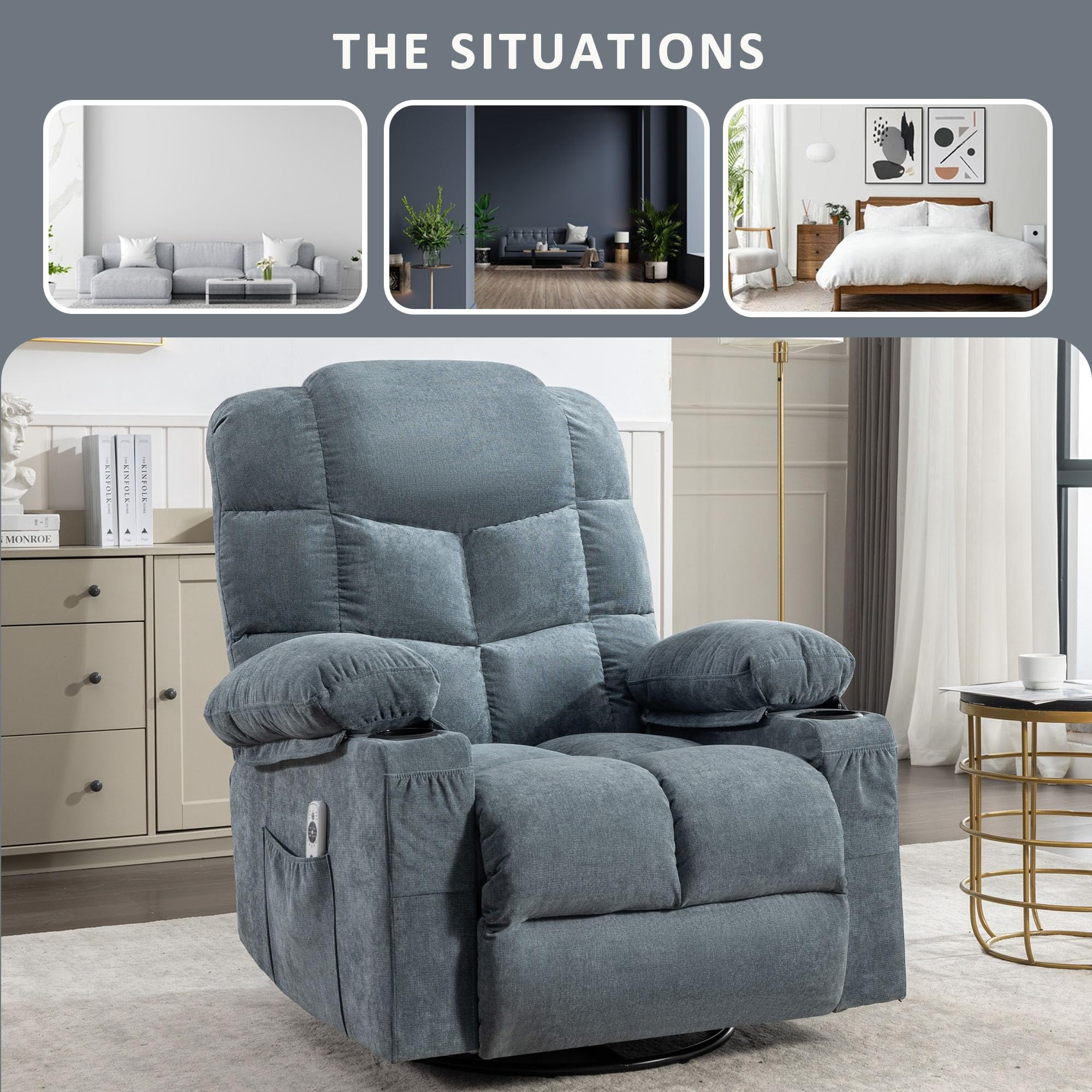 CARZZI LIFE Oversized Massage Swivel Recliner Chair with Lumbar Heating for Living Room Rocker Recliner Single Sofa with Cup Holders and USB Charge Port, Large Big Chair Recliners for Adult