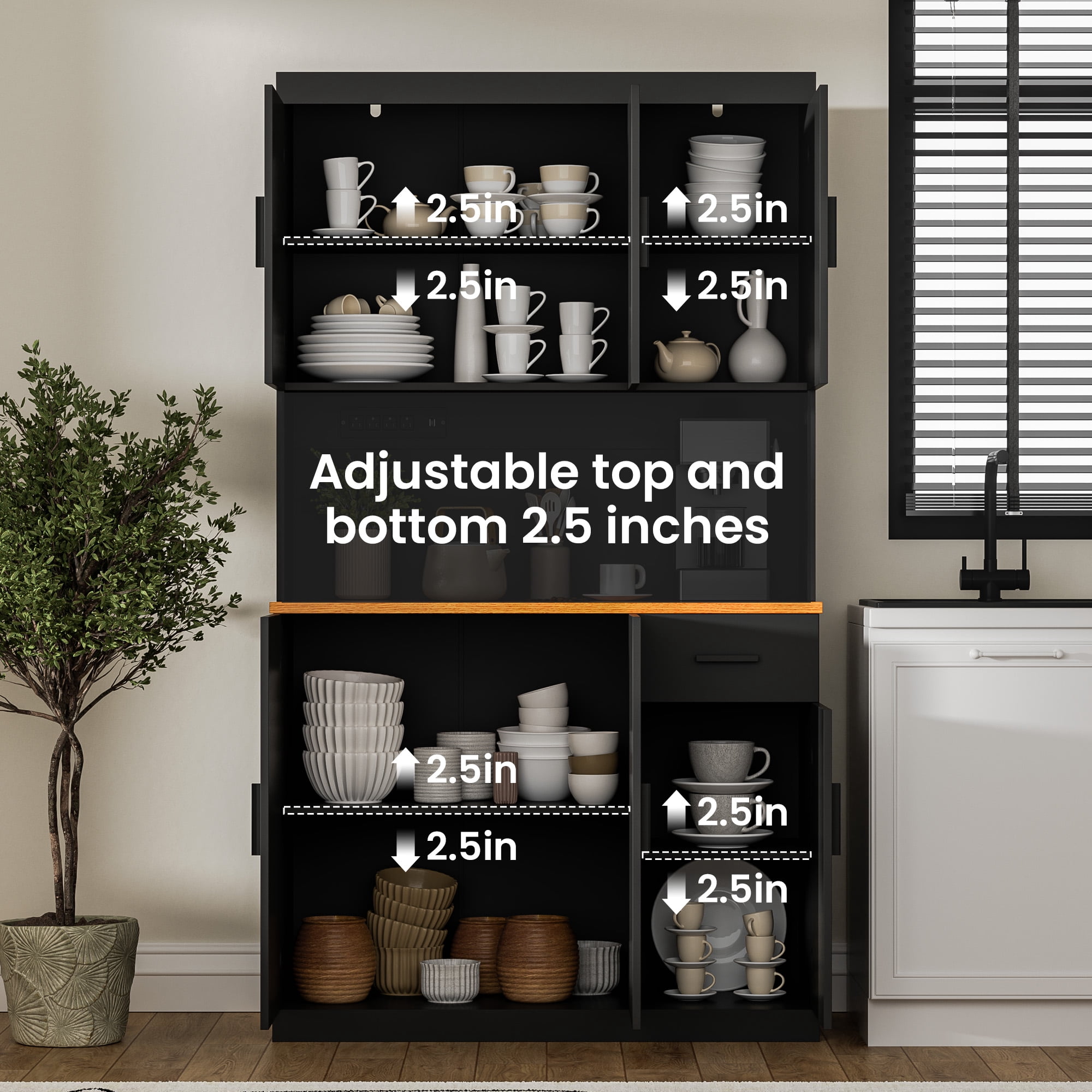 DIYART Black Kitchen Pantry Cabinet, 71" Tall Kitchen Storage Cabinet with 6 doors and Power Outlet