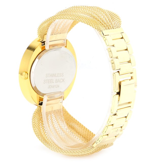 Reloj de pulsera elegante y brillante de cuarzo Bling Bling con cinturón de malla ancha para mujer dorado