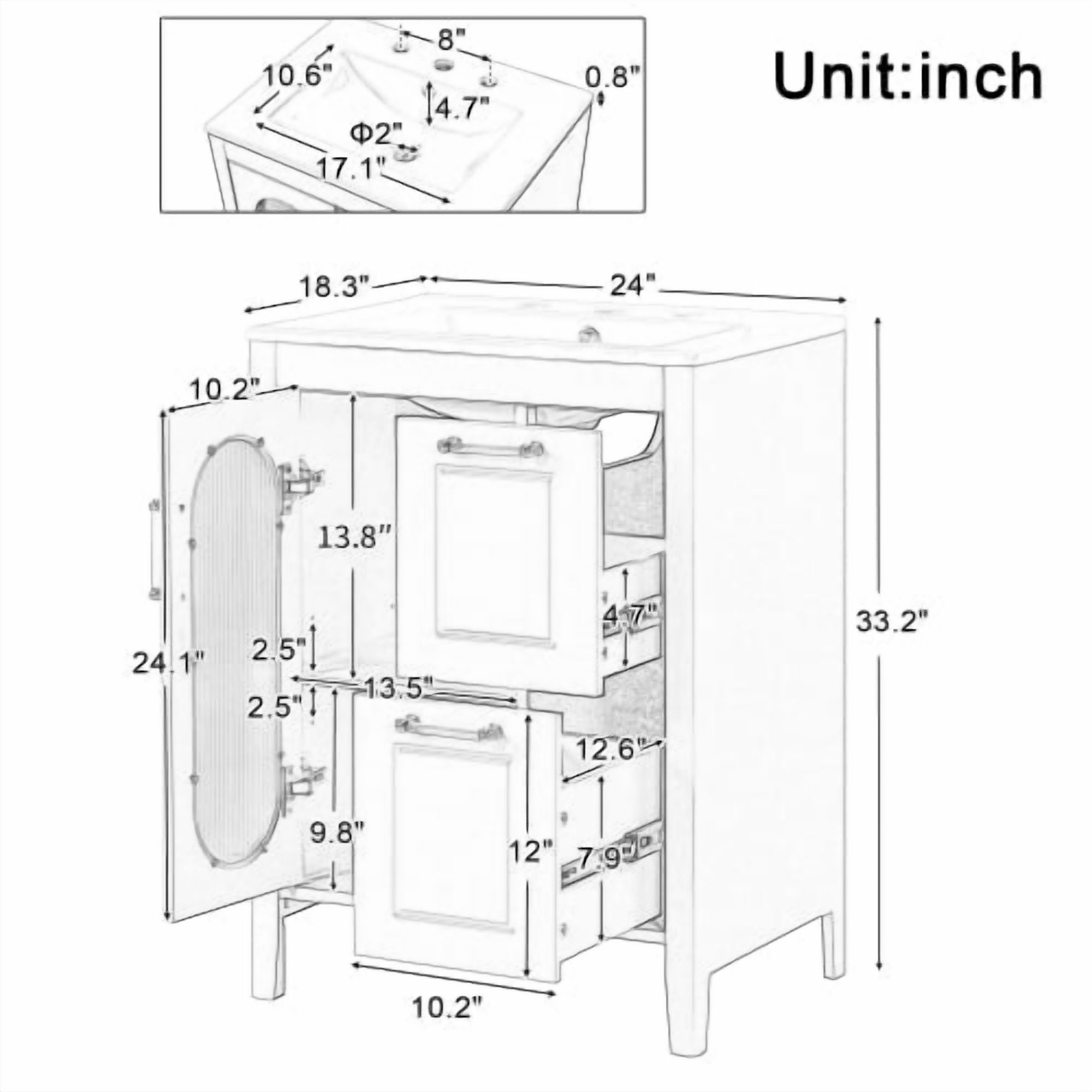 Euroco 24" Bathroom Vanity with Sink, Bathroom Vanity Cabinet with Two Drawers and Door, Adjustable Shelf, Solid Wood and MDF, Grey (Old Sku:N725P245273E)