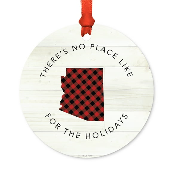 US State Round Metal Christmas Ornament, Red Plaid on Light Rustic Wood, Iowa, Includes Ribbon and Gift Bag