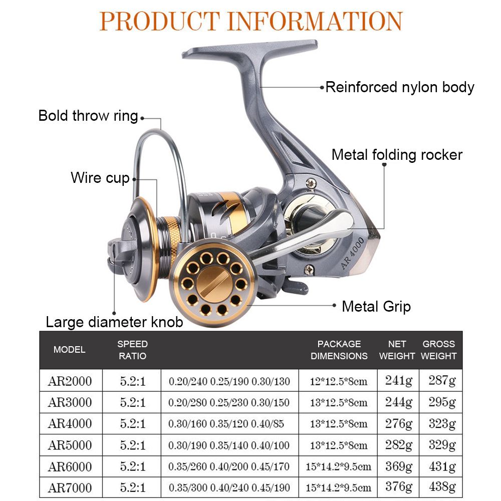 New Metal Grip All Metal Camping Fishing Tool Spinning Fishing Reel Metal  wheel Spool Gear Ratio AR5000 