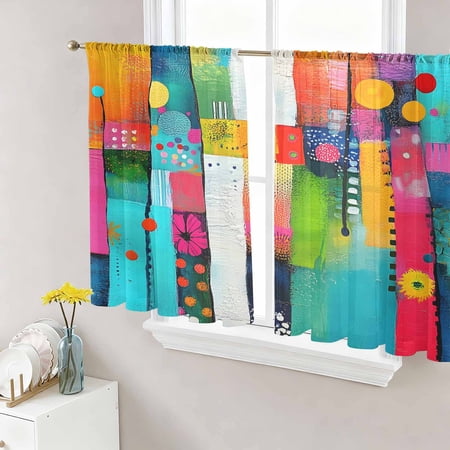 Colorful Geometric Semi Sheer Curtains 45 Inch Length 2 Panels Set Modern Artwork Abstract Sheer Kitchen Curtain Privacy Voile Window Curtain for Living Room Bedroom Rod Pocket Drapes