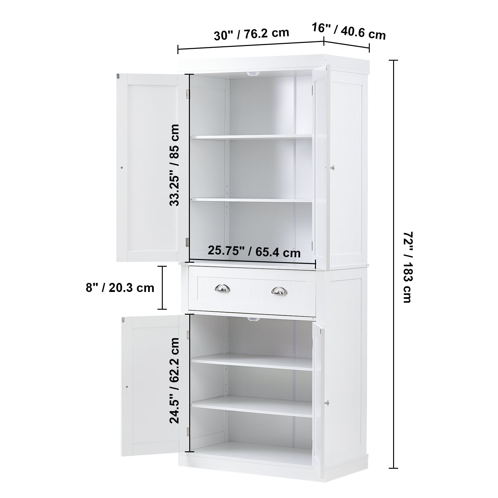 KFFKFF 72" Kitchen Pantry Storage Cabinet with 4 Doors 3 Adjustable Shelves for Kitchen, Living Room and Dinning 110LB Loading