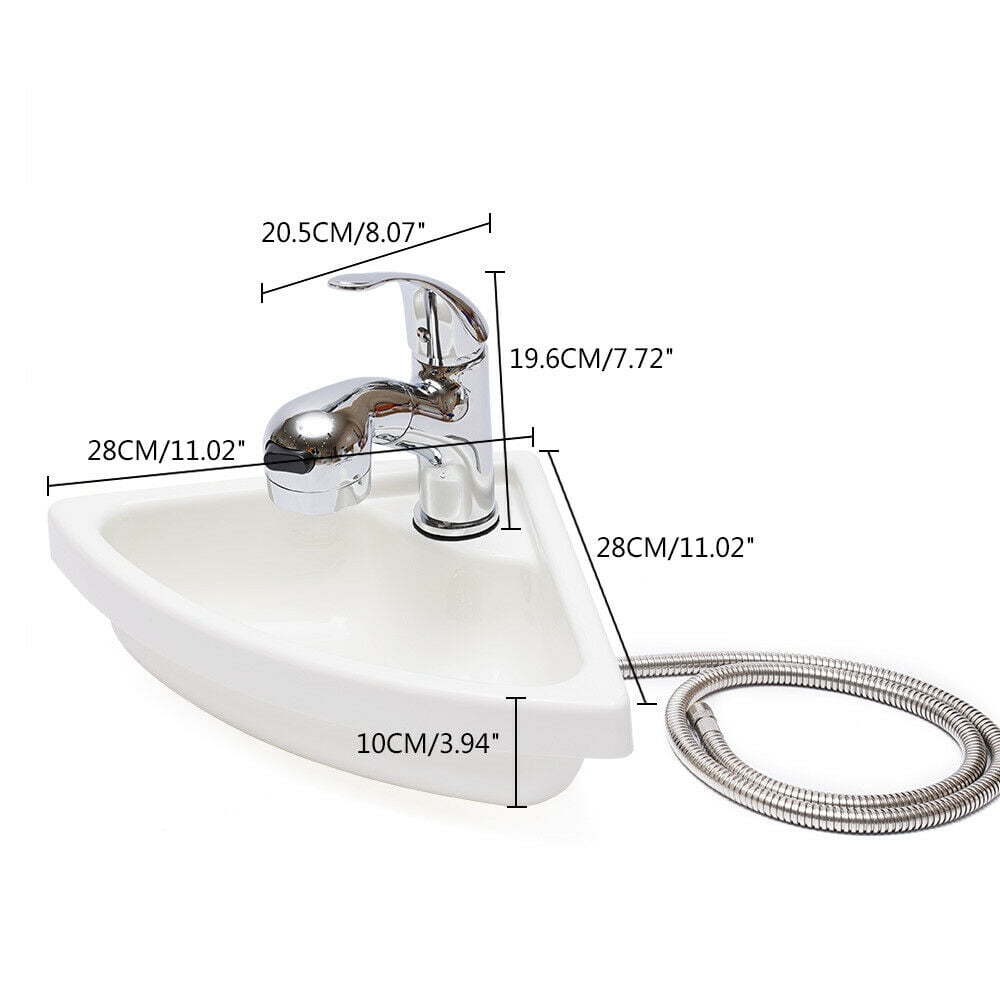 Wall Mount Corner Bathroom Sink White Acrylic Triangle Sink With Faucet Vanity Single Bowl Sink for Boat Caravan Rv Camper Kitchen Bathroom Lavatory