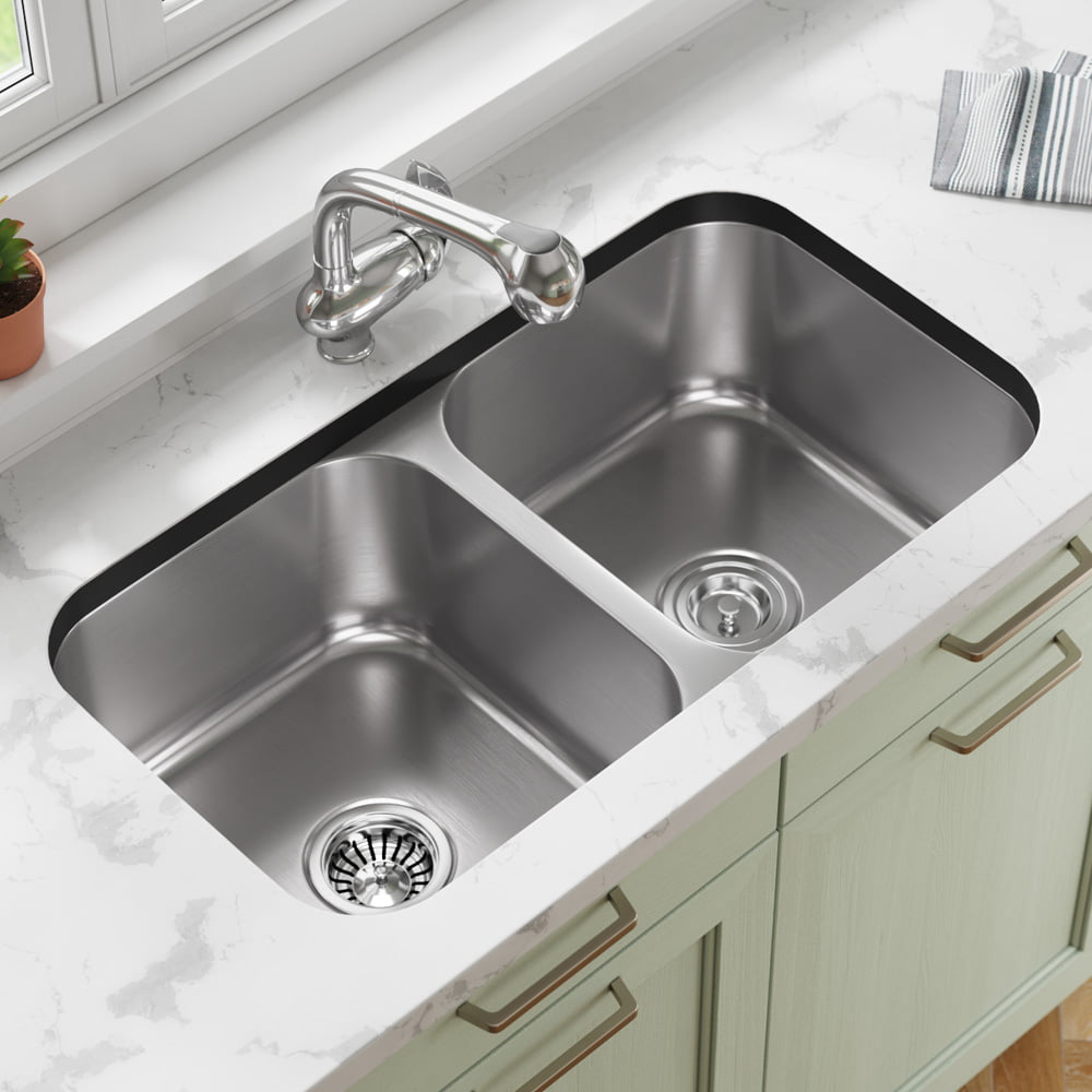 3218A 16 Gauge Double Bowl Stainless Steel Kitchen Sink, and Black 16 Gauge Stainless Steel Double Bowl Kitchen Sink