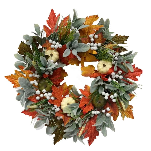 15" Halloween Wreath with Realistic White Pumpkins & Maple Leaves - Spooky Fall Decor for Front Door, Indoor Outdoor Halloween Decorations