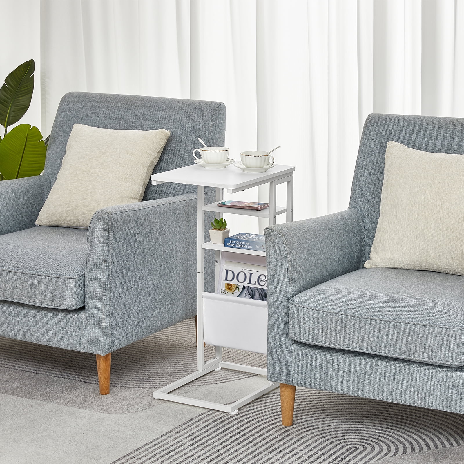 ZEXVIDA C Shaped Side Table, 3 Tier Sofa End Tables with Storage Bag, Sturdy Slide Under Sofa Slim Side Tables with Metal Frame for Small Spaces, Living Room, Bedroom, Industrial (White)