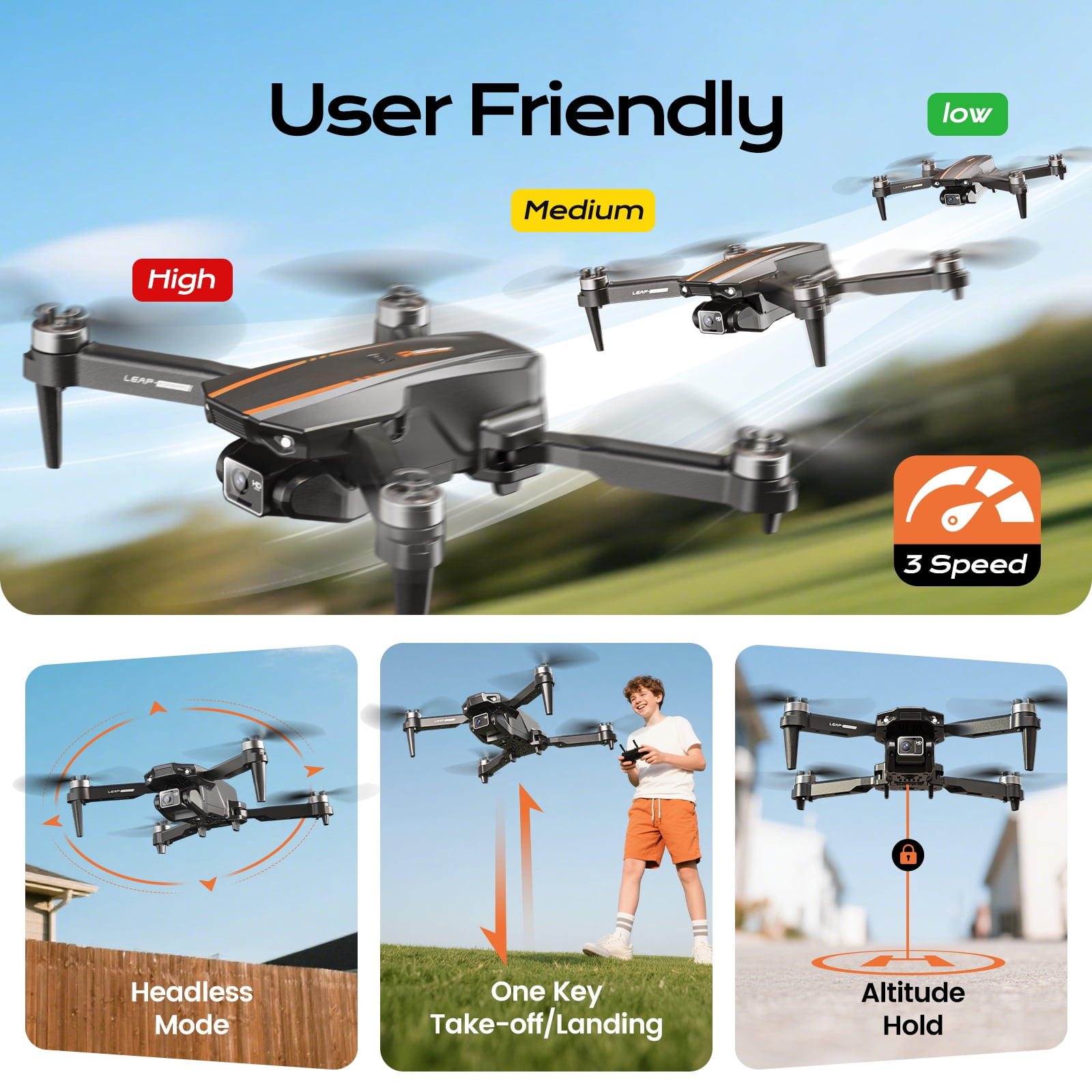 Wefone H31 Drone with Camera for Kids and Adults, 3 Speed Adjustment, Optical Flow Positioning, 2 Batteries, Black
