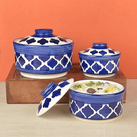 Studio Pottery Hand Painted Ceramic Serving Donga With Lid Casserole Set Of 3 - 900ml, 500ml & 300ml, Blue | Dinner Serving Set | Stackable Kitchen Bowl Set