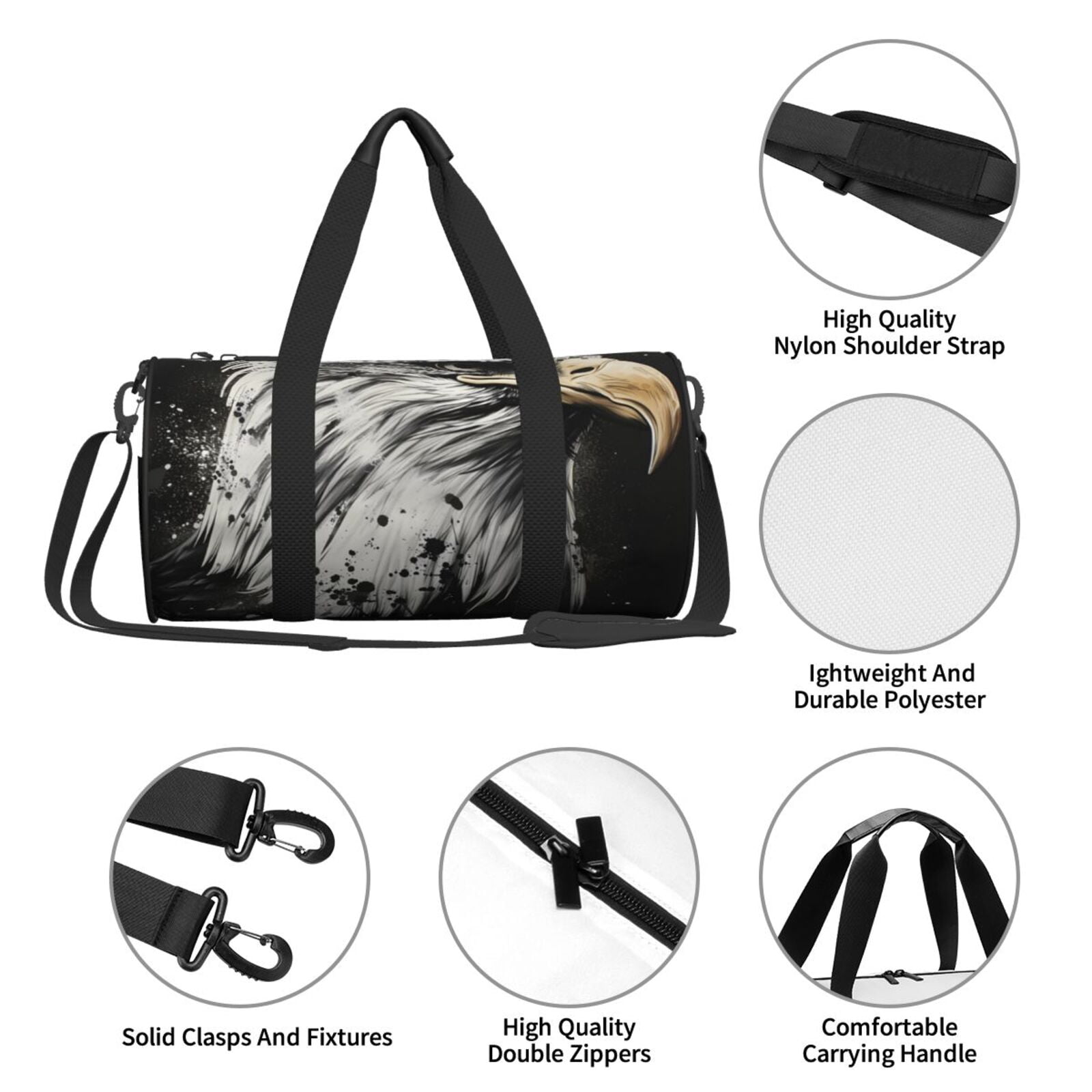 Defioc Ink Style Bald Eagle for Travel Duffle Bag,Weekender Bag Carry On Tote Bags Hospital Bag Large Capacity Sport Gym Bag for Men Women Fit for Trave, Gym,Weekend