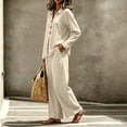 thumbnail image 6 of sdhkgrrt Women Plus Size 2 Piece Lounge Set Collared Long Sleeve Shirt Wide Leg Pants Solid Loose Boho Tracksuit Fall Winter Outfits, Beige XL, 6 of 8