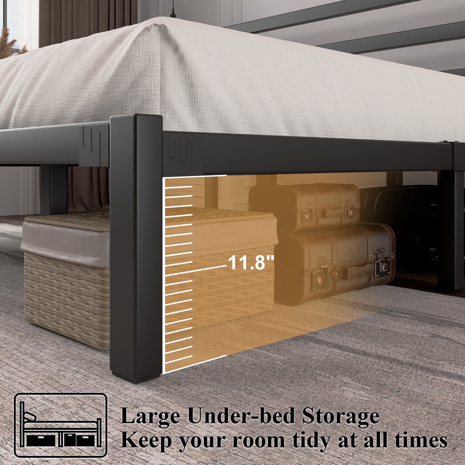 King Size Metal Platform Bed Frame with Headboard, Heavy Duty Steel Slat Support, Under-Bed Storage, No Box Spring Needed, Black
