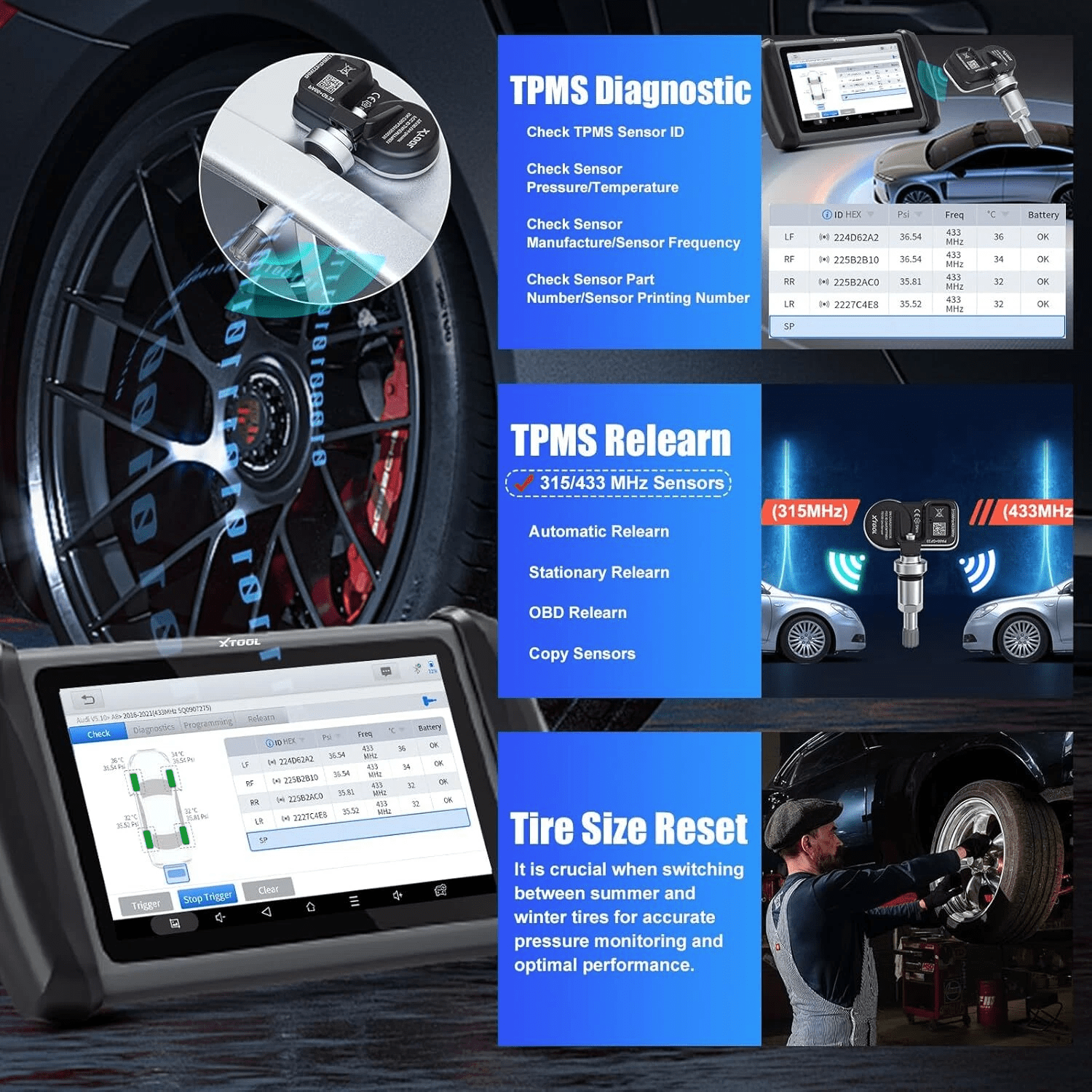 XTOOL IP819TP + 4PCS TS100 Sensors OBD2 Scanner Bluetooth TPMS Diagnostic Tool Full System Bidirectional Scan Tool, Activate/Relearn All Sensors, 39+ Services