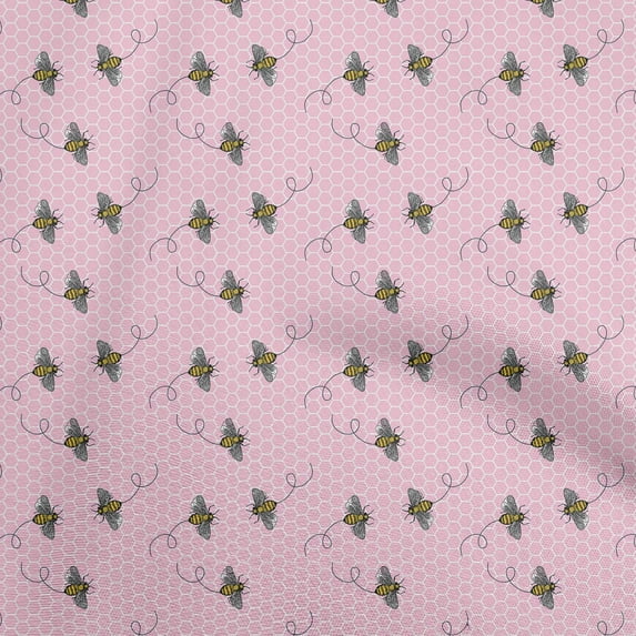 oneOone Velvet Light Pink Fabric Honey Bees With Hexagon Texture Quilting Supplies Print Sewing Fabric By The Yard 58 Inch Wide