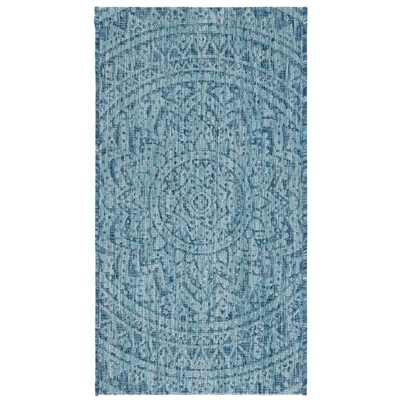 SAFAVIEH Courtyard Josiah Floral Medallion Indoor/Outdoor Area Rug, Navy/Aqua, 2' x 3'7"
