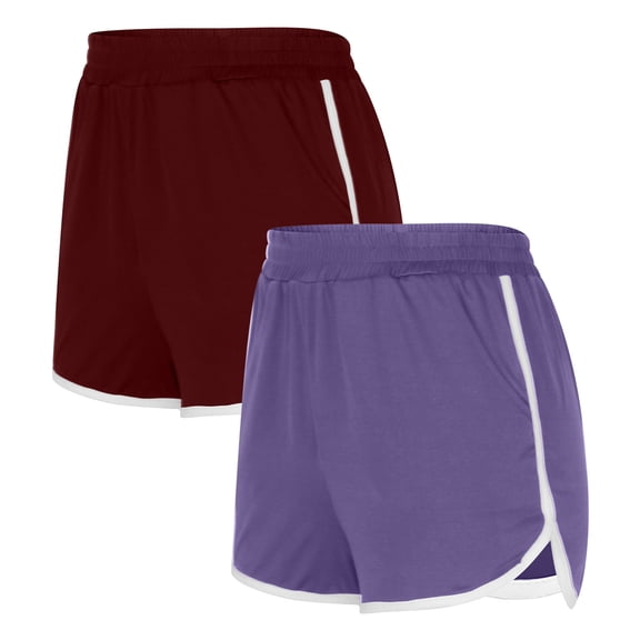 Athletic Shorts for Women with Pockets Summer 2 Pack Elastic Waist Running Shorts Workout Gym Beach Shorts (XL, Wine 3)