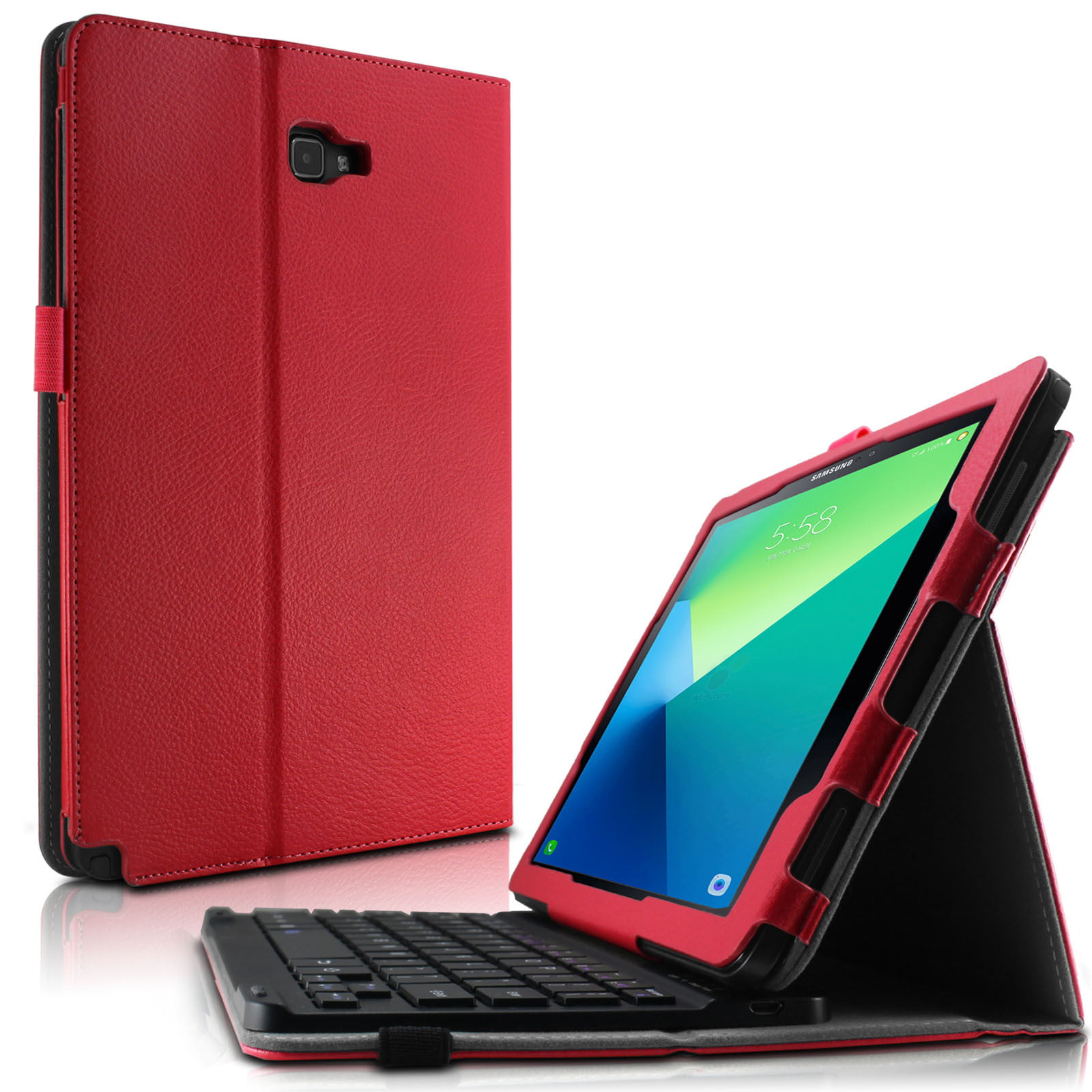 Infiland Folio PU Leather Case Cover with Detachable Bluetooth Keyboard for Samsung