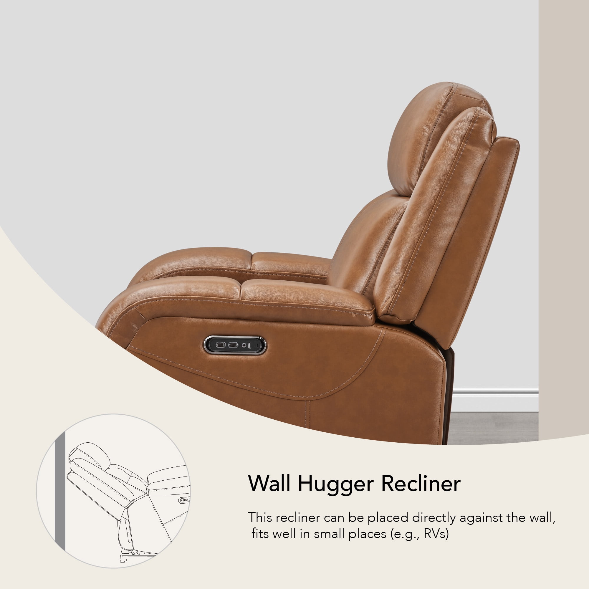 Spruce & Spring Genuine Leather Wall Hugger Power Recliner with Dual Motors, Saddle-Medium