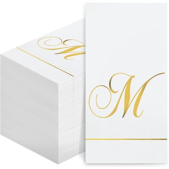 100 Pcs Initial Napkins Monogram Guest Napkins Gold Letter Paper Towels Disposable Elegant Dinner Towels for Wedding Bridal Shower Holiday Birthday Party Tableware Decor(M Letter)